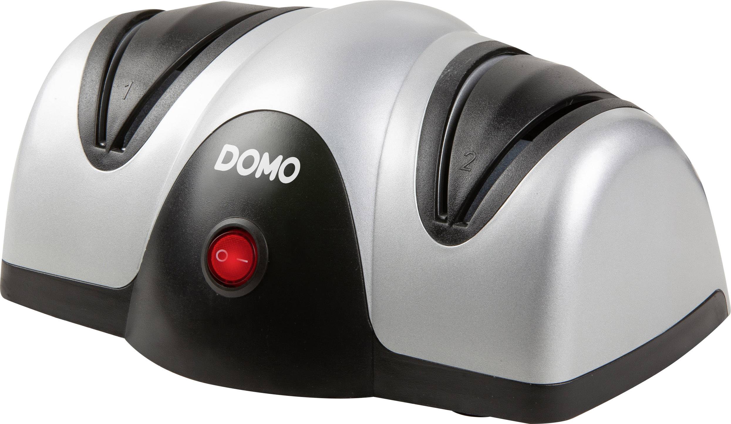 Affûteur de couteaux électrique avec boîtier gris, bouton rouge et logo 'DOMO' à l'avant.