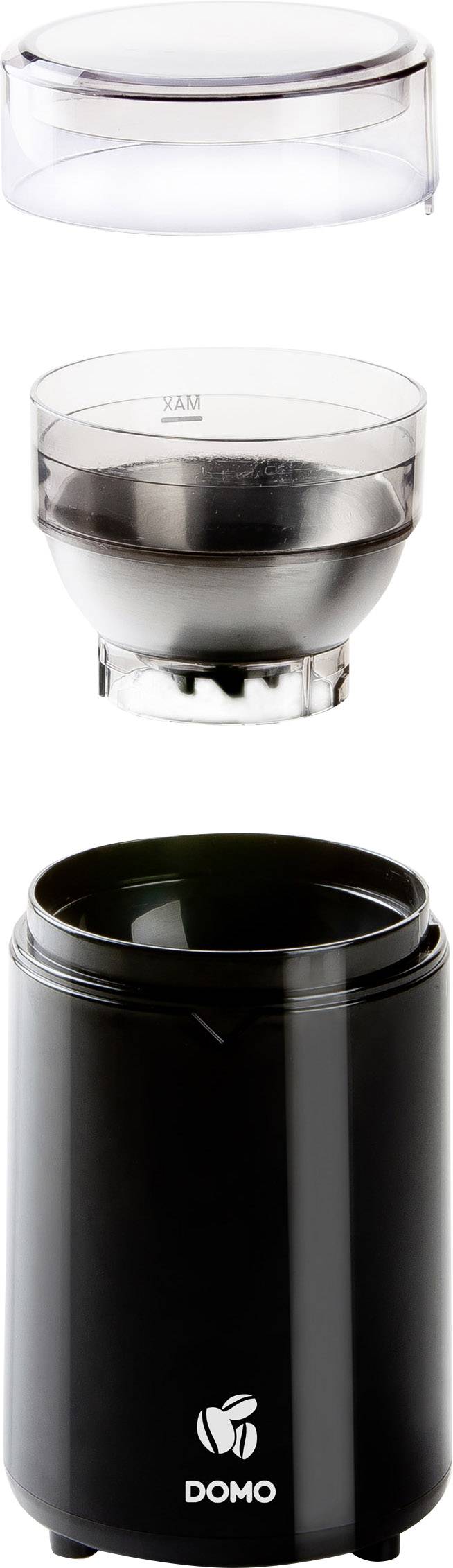 Moulin à café électrique noir avec couvercle transparent et récipient en acier inoxydable. Le nom de marque 'DOMO' est visible sur le boîtier.