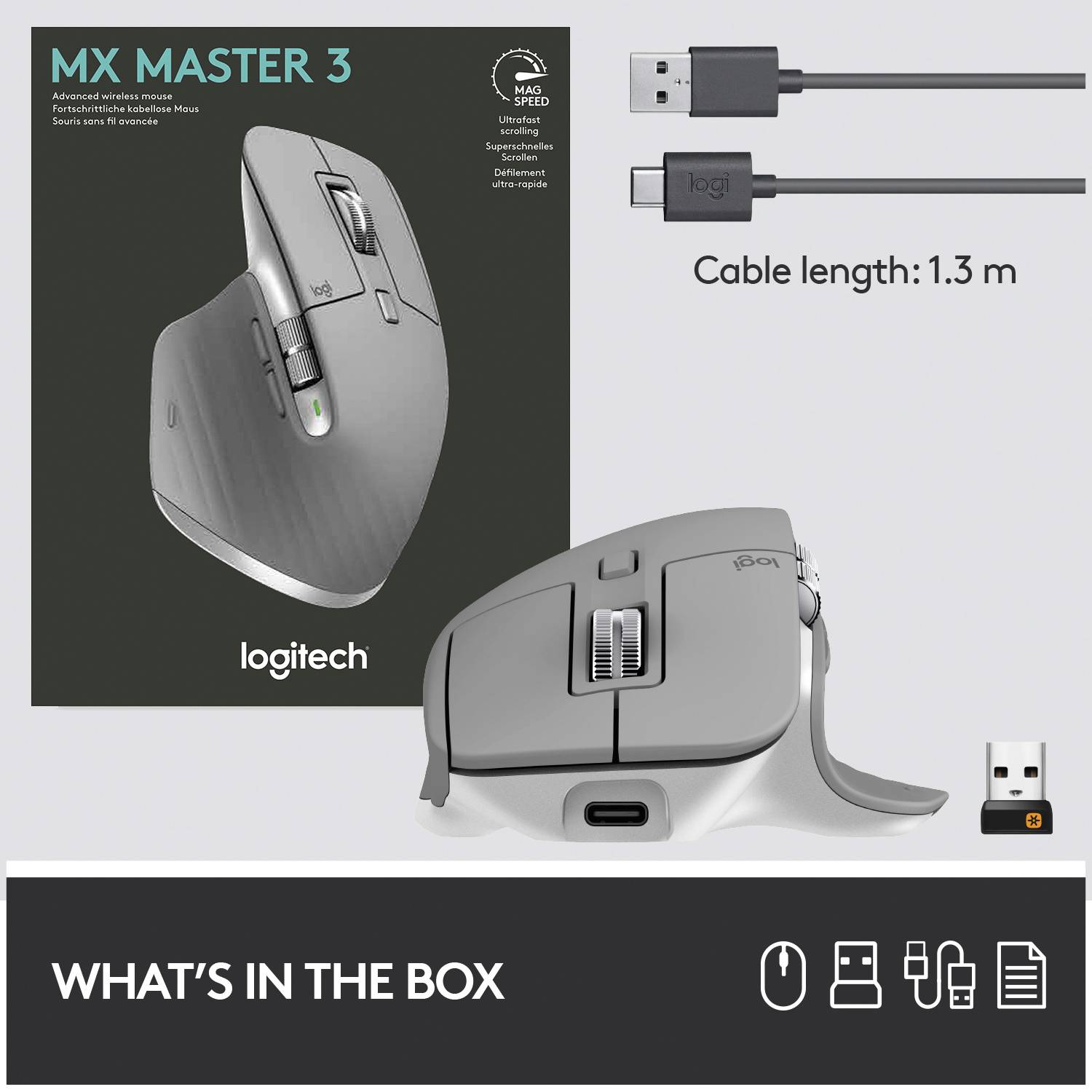 Logitech MX Master 3 Advanced Souris ergonomique sans fil Bluetooth, radio laser gris 7 Boutons 4000 dpi rechargeable, molette