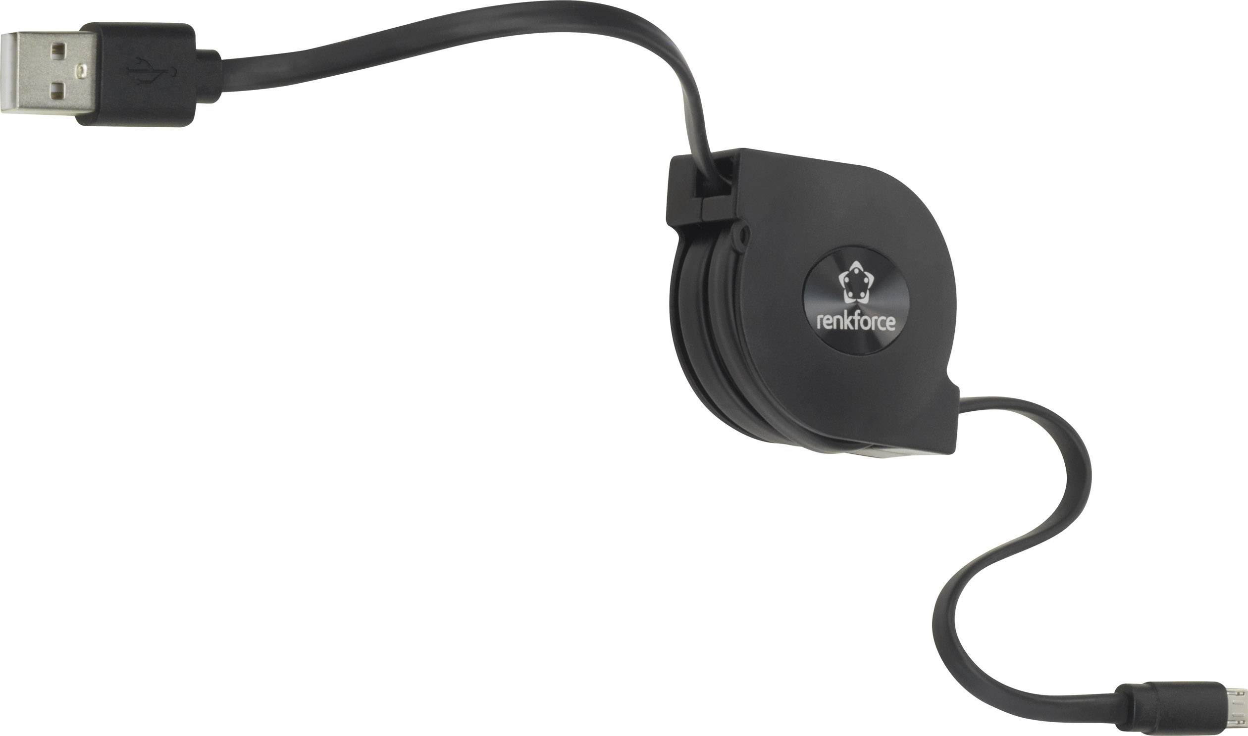 Câble USB rétractable noir de la marque Renkforce, adapté pour connecter des périphériques USB, design économisant de l'espace.