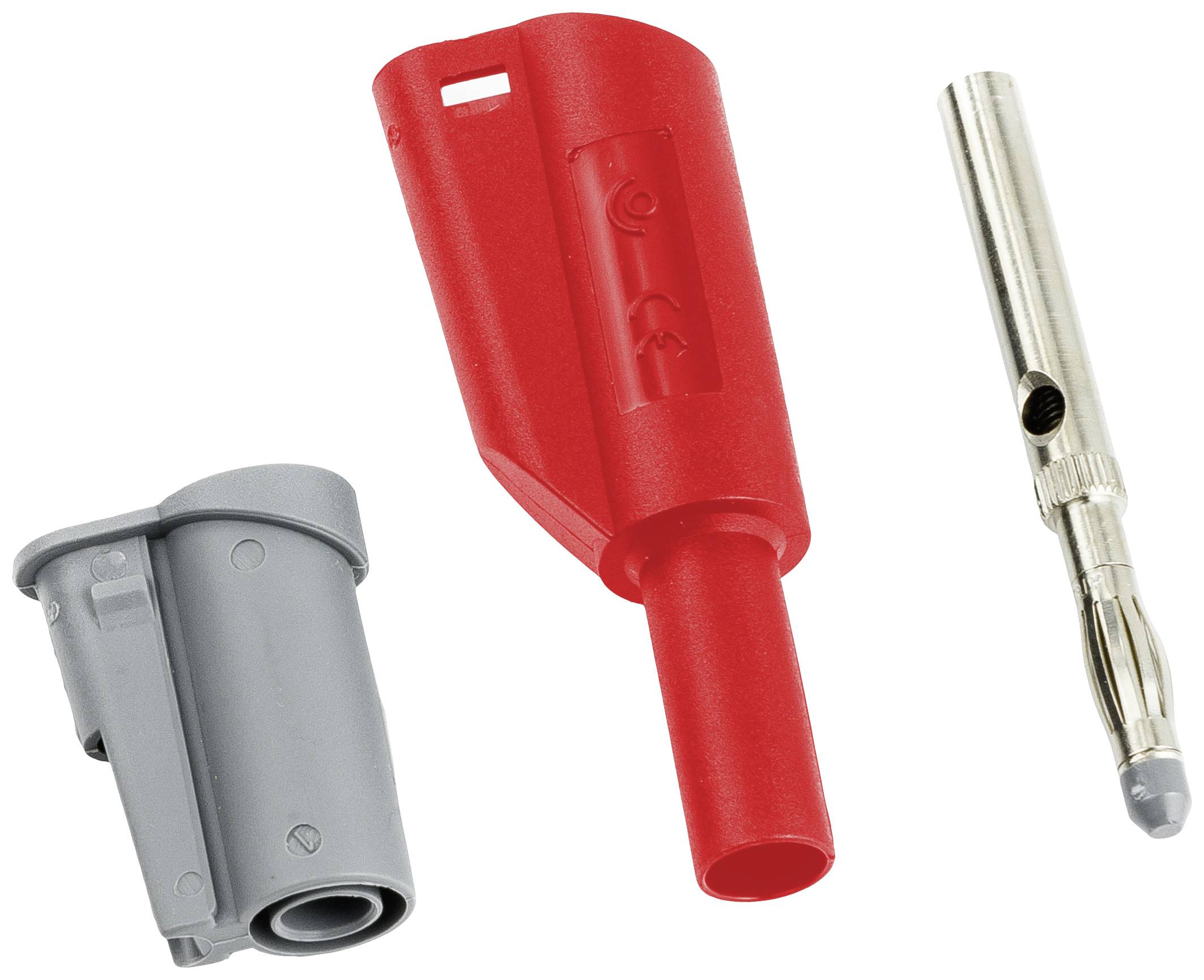 Trois connecteurs électriques différents : une fiche en plastique grise, un boîtier rouge et un raccordement à broche métallique.