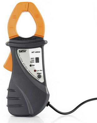 Un ampèremètre à pince gris et orange avec échelle et câble, destiné à mesurer les courants électriques.