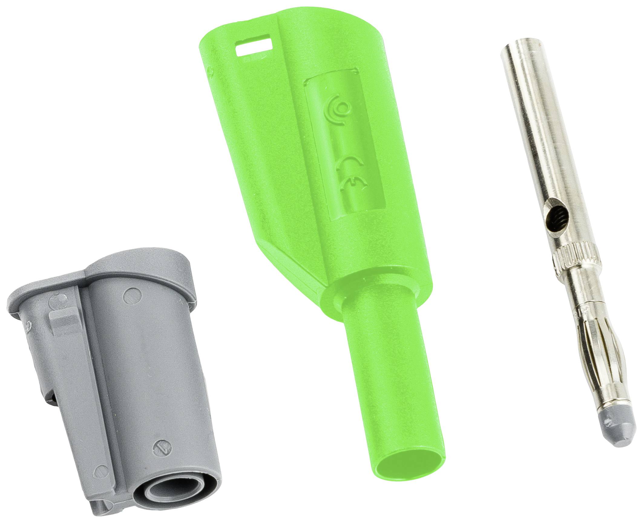Trois composants de connecteur : boîtier gris à gauche, pièce médiane verte avec des symboles au centre, broche métallique à droite.