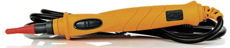 Un appareil de test orange avec un câble et un interrupteur, utilisé pour vérifier la tension.