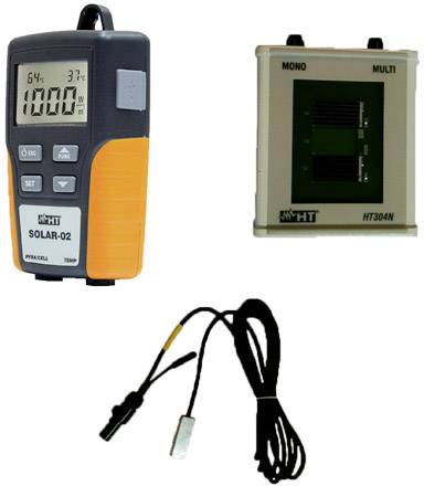Appareil numérique de mesure de puissance solaire avec affichage, capteur et câble de connexion. Affiche 1000 W/m² à gauche. Module de test de cellules solaires à droite.