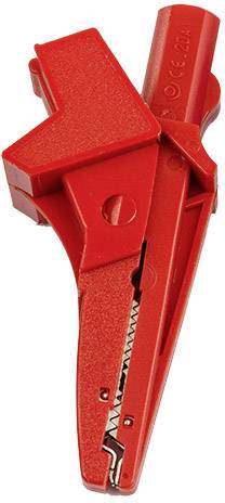 Pince crocodile rouge avec mâchoires crantées, adaptée pour fixer fermement des conducteurs électriques ou des contacts.