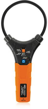 Un multimètre orange et noir avec une boucle flexible pour mesurer les courants électriques ; les interrupteurs et boutons sont visibles.