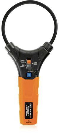 Un appareil de mesure numérique orange et noir avec une boucle de mesure de courant flexible, adapté aux mesures dans des espaces confinés.