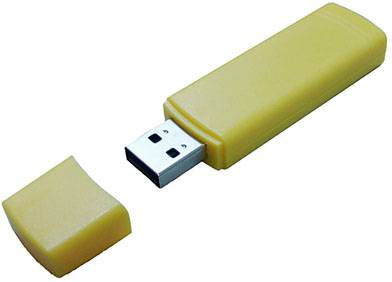 Clé USB imitant un bloc de fromage. Se distingue par une ressemblance frappante avec un vrai fromage. Clé de stockage tout à fait fonctionnelle.