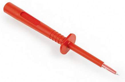 Un testeur de tension rouge avec une poignée isolée et un embout métallique, utilisé pour vérifier les circuits électriques.