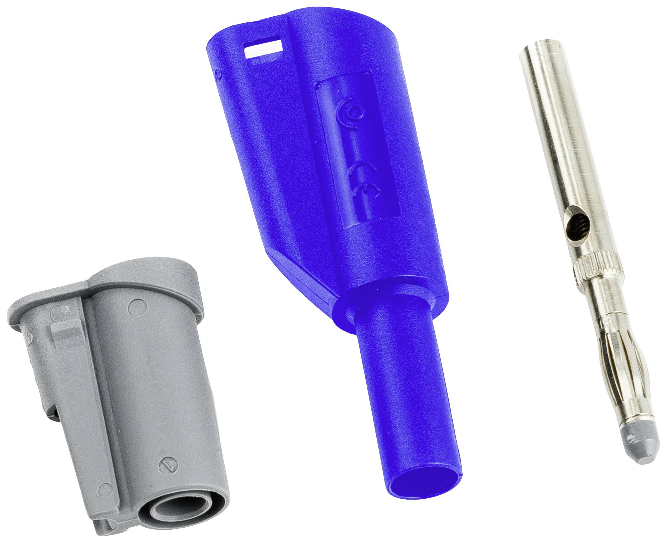 Trois éléments de connecteur différents : un boîtier gris, une pièce en plastique bleue et une broche métallique argentée.