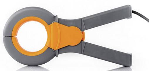 Appareil de mesure de courant à pince gris et orange, ouvert, sur fond blanc. Utilisé pour mesurer les courants électriques.
