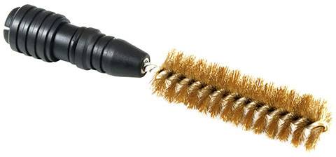 Brosse en laiton avec manche noir, adaptée au nettoyage des tuyaux ou d'autres ouvertures étroites.
