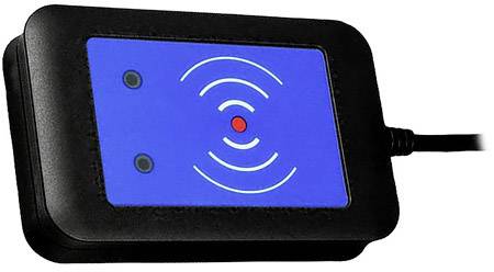 Un lecteur RFID noir avec un panneau bleu et des symboles d'ondes radio, relié par un câble. Le voyant rouge indique l'état de fonctionnement.