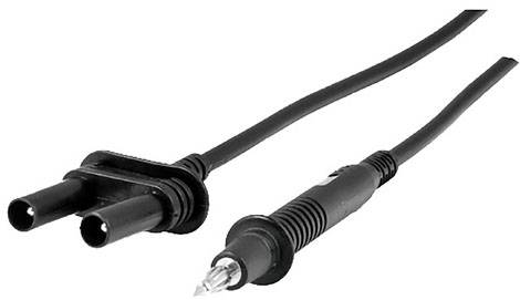 Un câble réseau noir avec une fiche bipolaire et un connecteur femelle, utilisé pour la connexion à des appareils électroniques.