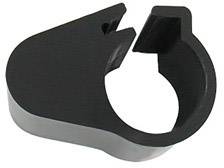 Support en plastique noir avec une ouverture circulaire et un petit élément de clip, probablement destiné à des applications techniques.