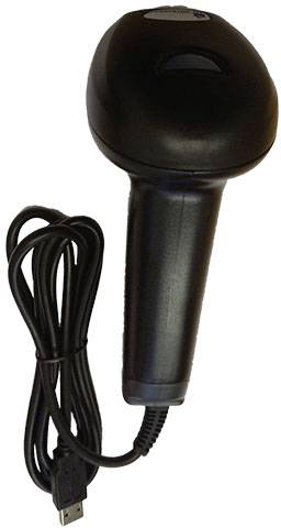 Scanner de codes-barres noir avec câble USB, adapté à la lecture de codes-barres pour la collecte de données et la gestion des stocks.