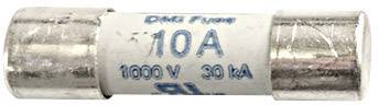 Un fusible électrique cylindrique, étiqueté '10 A, 1000 V, 30 kA'. Il est blanc avec des extrémités métalliques.