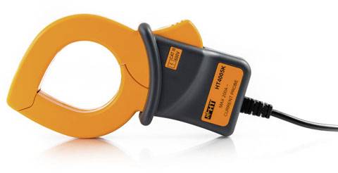 'Ampèremètre orange avec câble, utilisé pour mesurer les courants électriques. Composant principal d'un appareil de mesure pour électriciens.'