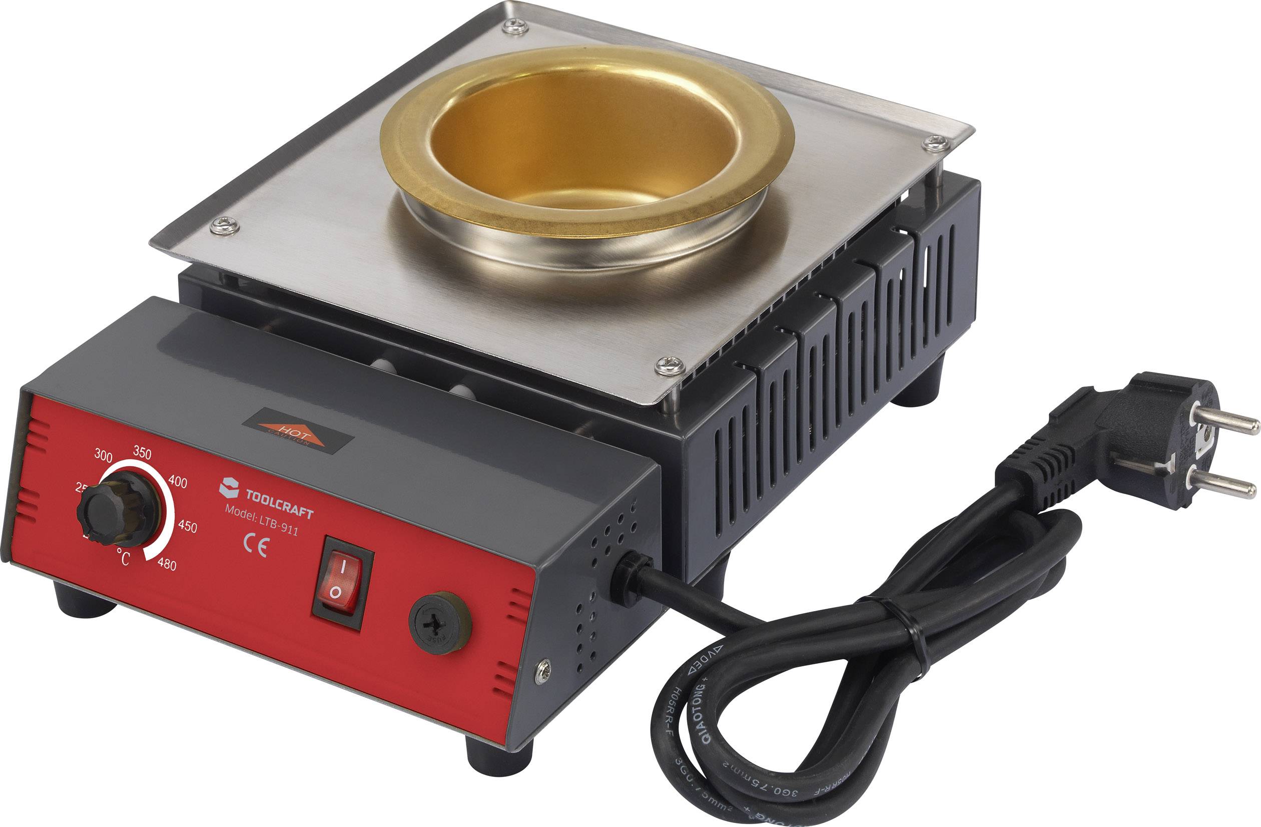 Un bain de soudure électrique avec régulateur de température, panneau de commande rouge, câble d'alimentation et récipient de soudure rond de couleur or.