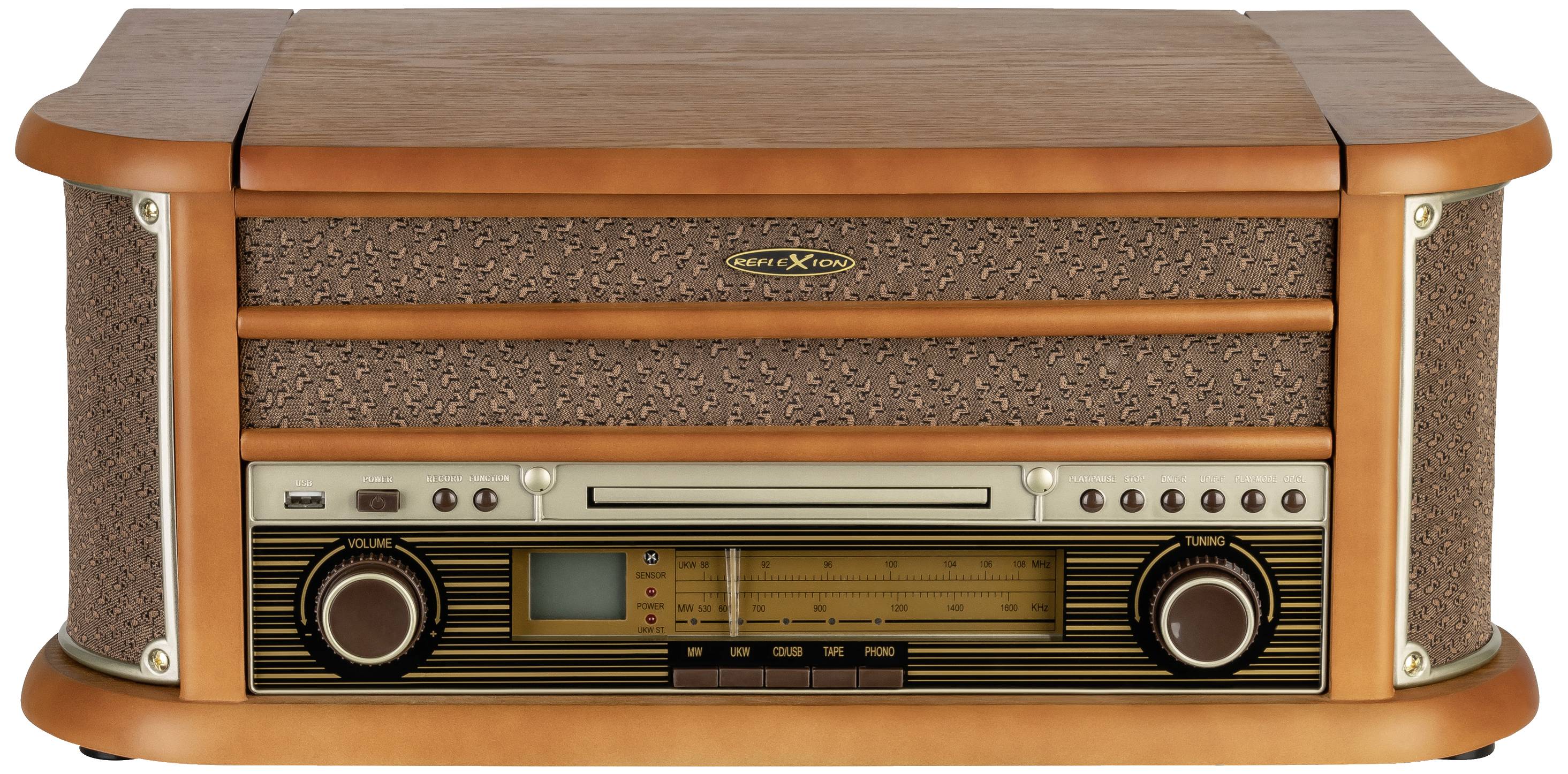 Reflexion HIF2002 Chaîne stéréo rétro FM, CD, Cassette, Lecteur de disque, USB, Boîtier en bois véritable, fonction