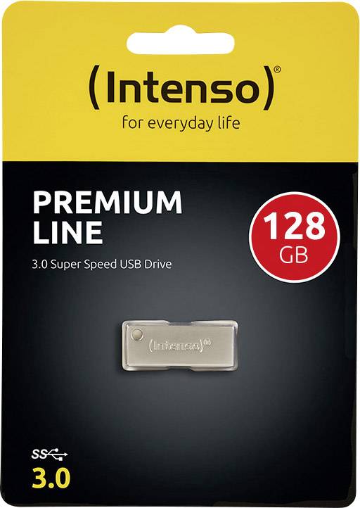 Clé USB Intenso, Gamme Premium, 128 Go, 3.0 Super Speed. Emballage au design jaune et noir, clé USB illustrée.