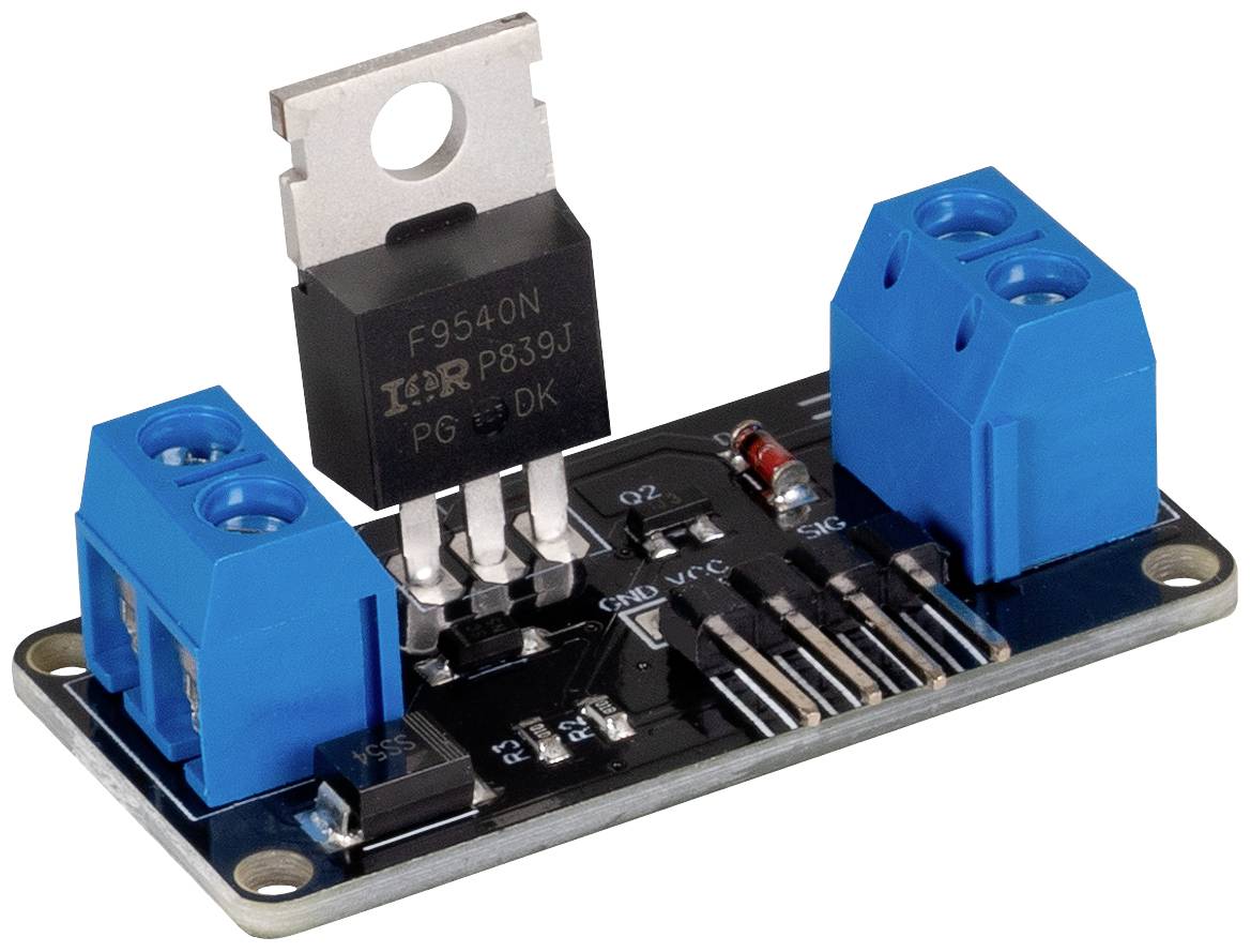 Module électronique avec un semi-conducteur et deux connecteurs bleus, utilisé pour la régulation du courant dans les circuits.