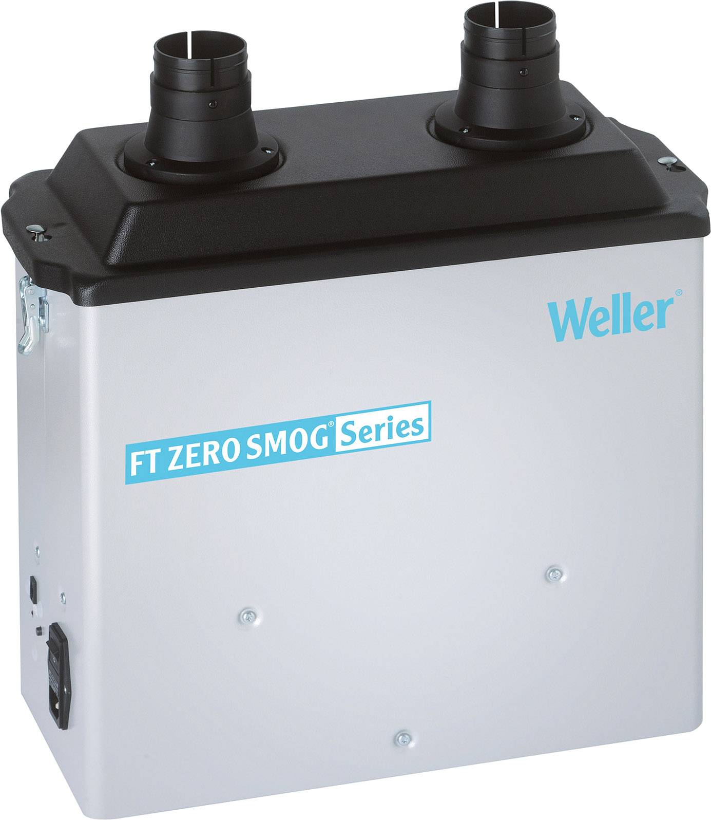 'Système de filtration d'air Weller FT Zero Smog Series, boîtier métallique avec deux sorties noires en haut, logo sur le côté droit.'