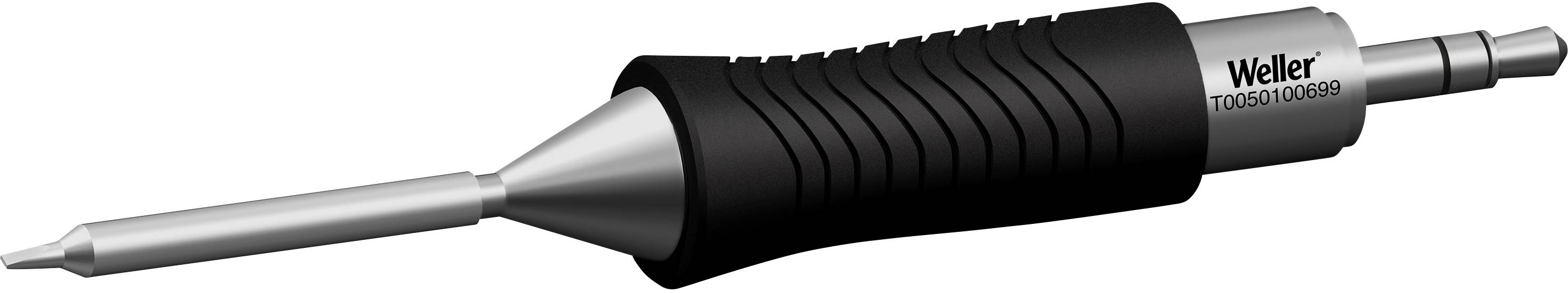 Fer à souder avec manche noir, pointe en métal ; marqué 'Weller T0050104099'. Principalement utilisé pour les travaux électroniques.