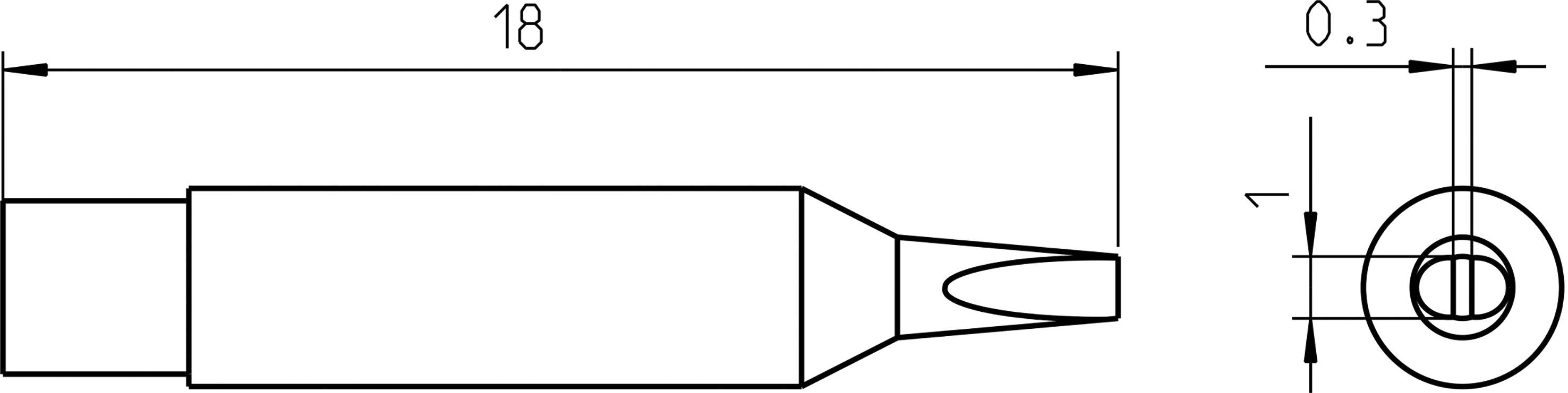 Dessin technique d'un embout de tournevis avec cotations : longueur 18 mm, diamètre 0,3 mm, section transversale y compris une cote de 1 mm.