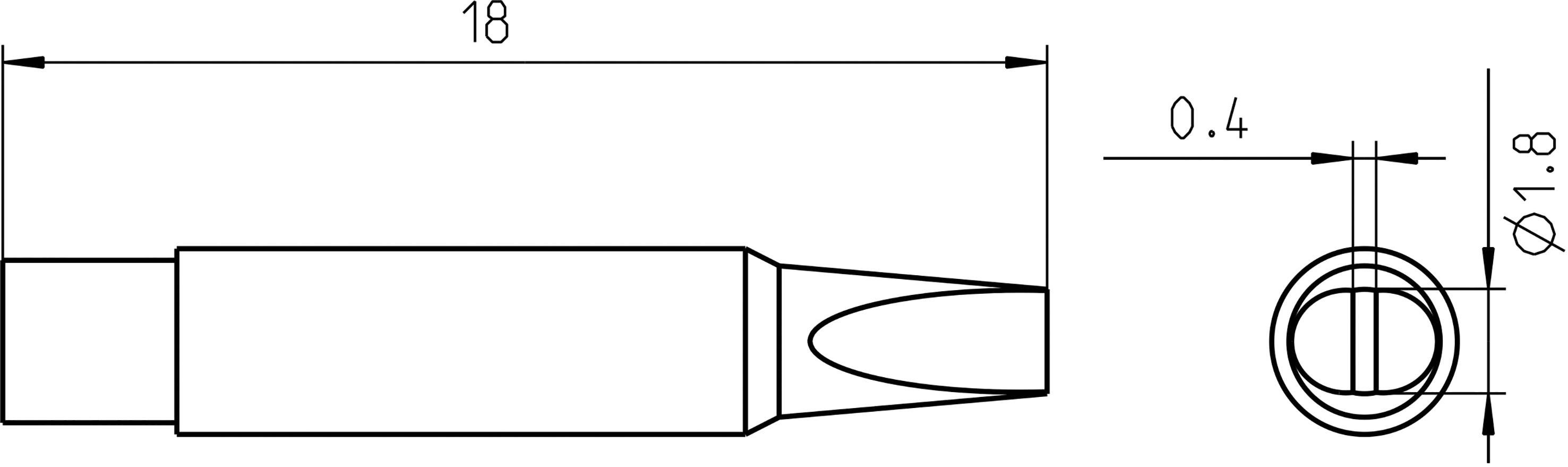 Dessin technique d'un objet cylindrique avec une pointe. Dimensions : Longueur 18, Diamètre 1,8, Épaisseur de paroi 0,4.