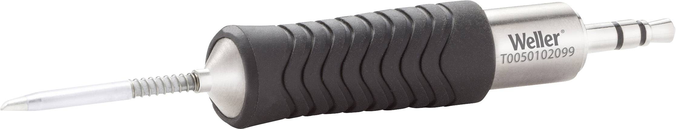 Un fer à souder avec une poignée en caoutchouc noir et un embout métallique. Marquage 'Weller T0050102099'. Idéal pour souder avec précision.