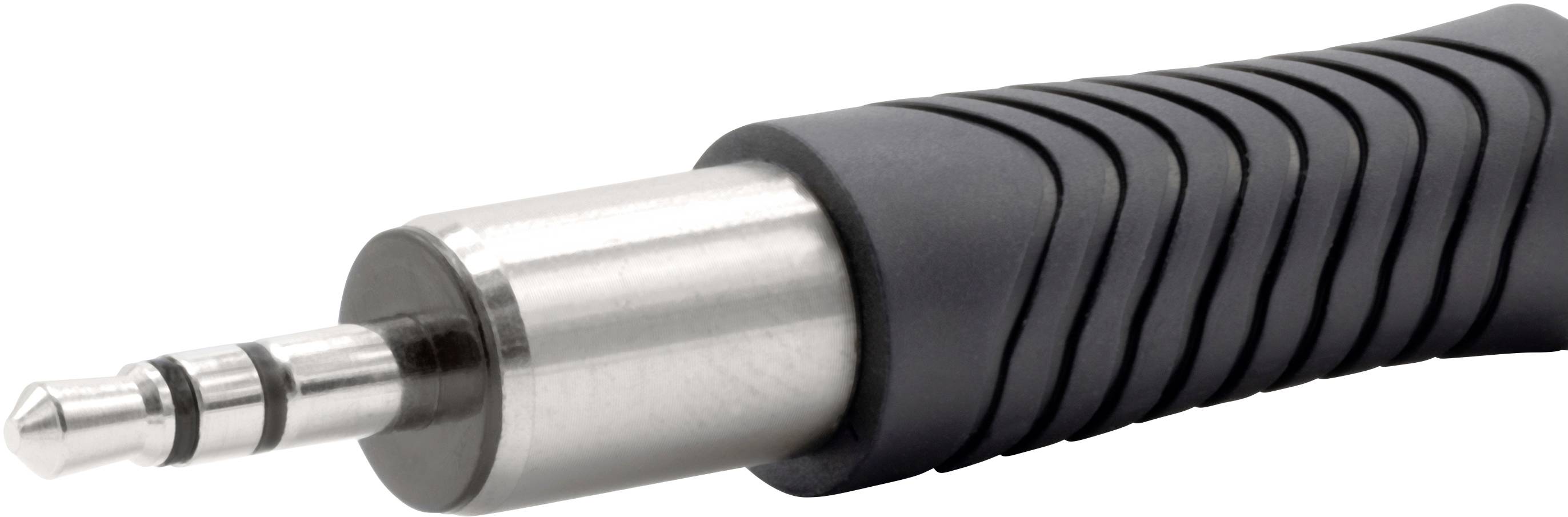 Fiche jack stéréo de 3,5 mm noir et argent avec rainures de préhension, utilisée pour les connexions audio sur les écouteurs et les haut-parleurs.