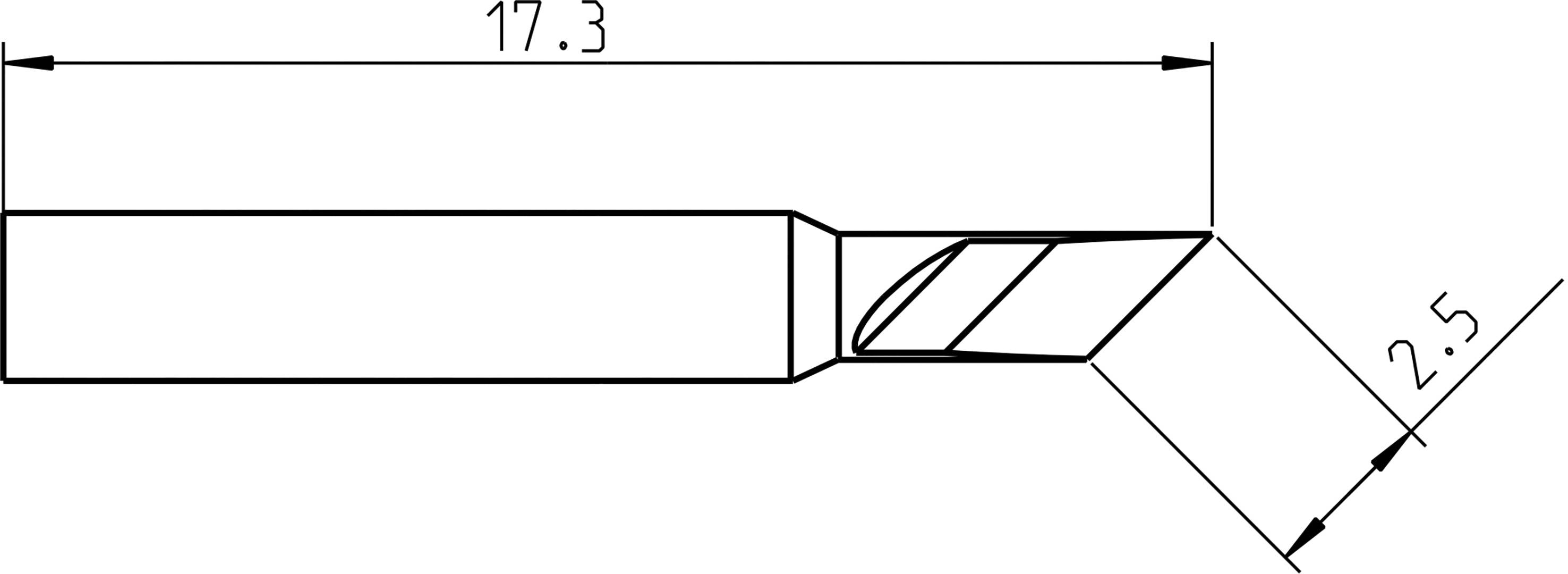 Un dessin technique d'un outil de coupe d'angle avec les dimensions suivantes : longueur 17,3 et angle 2,5 degrés.