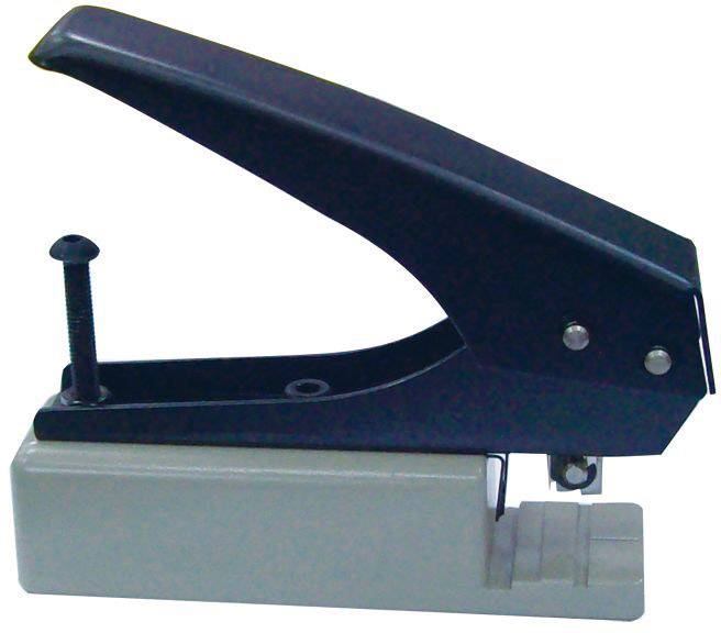 Un massicot noir avec une base grise, placé sur un fond neutre. Adapté pour agrafer des liasses épaisses de papier.