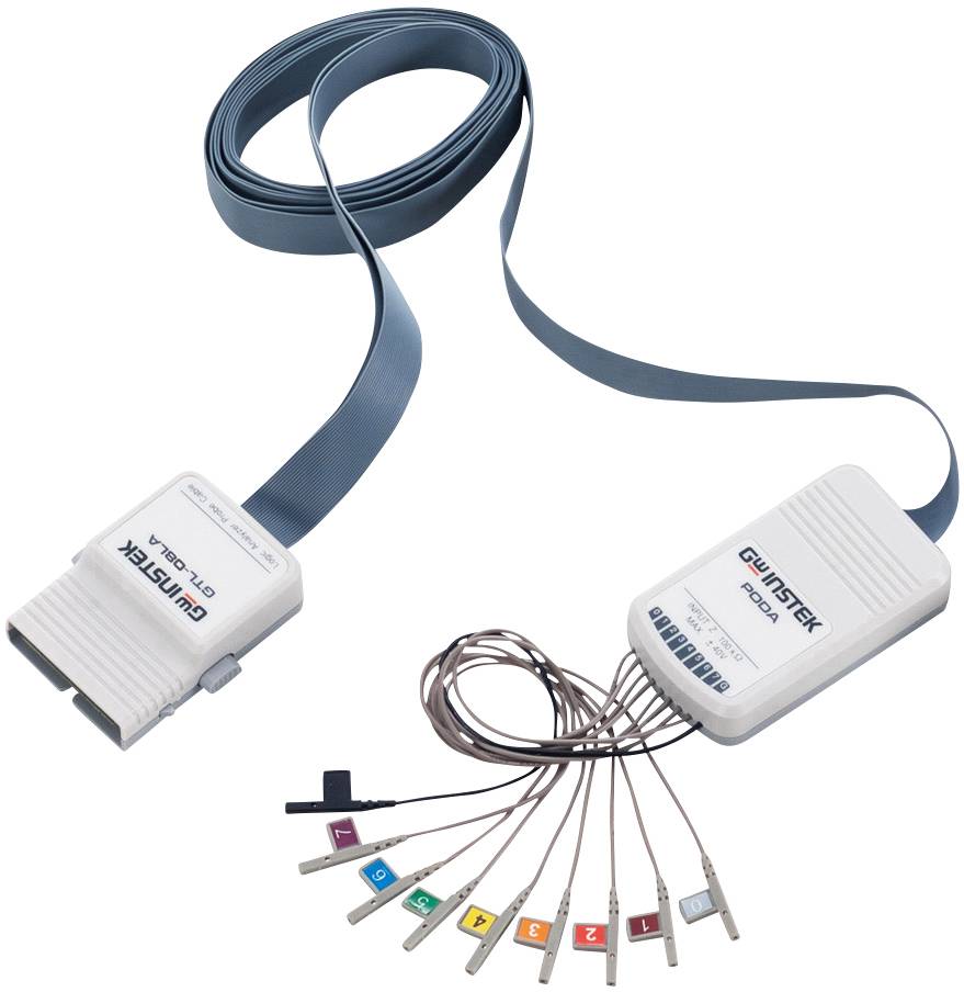 Analyseur de données équipé d'un câble en nappe et de plusieurs pinces de couleurs différentes pour la surveillance de signaux électriques.