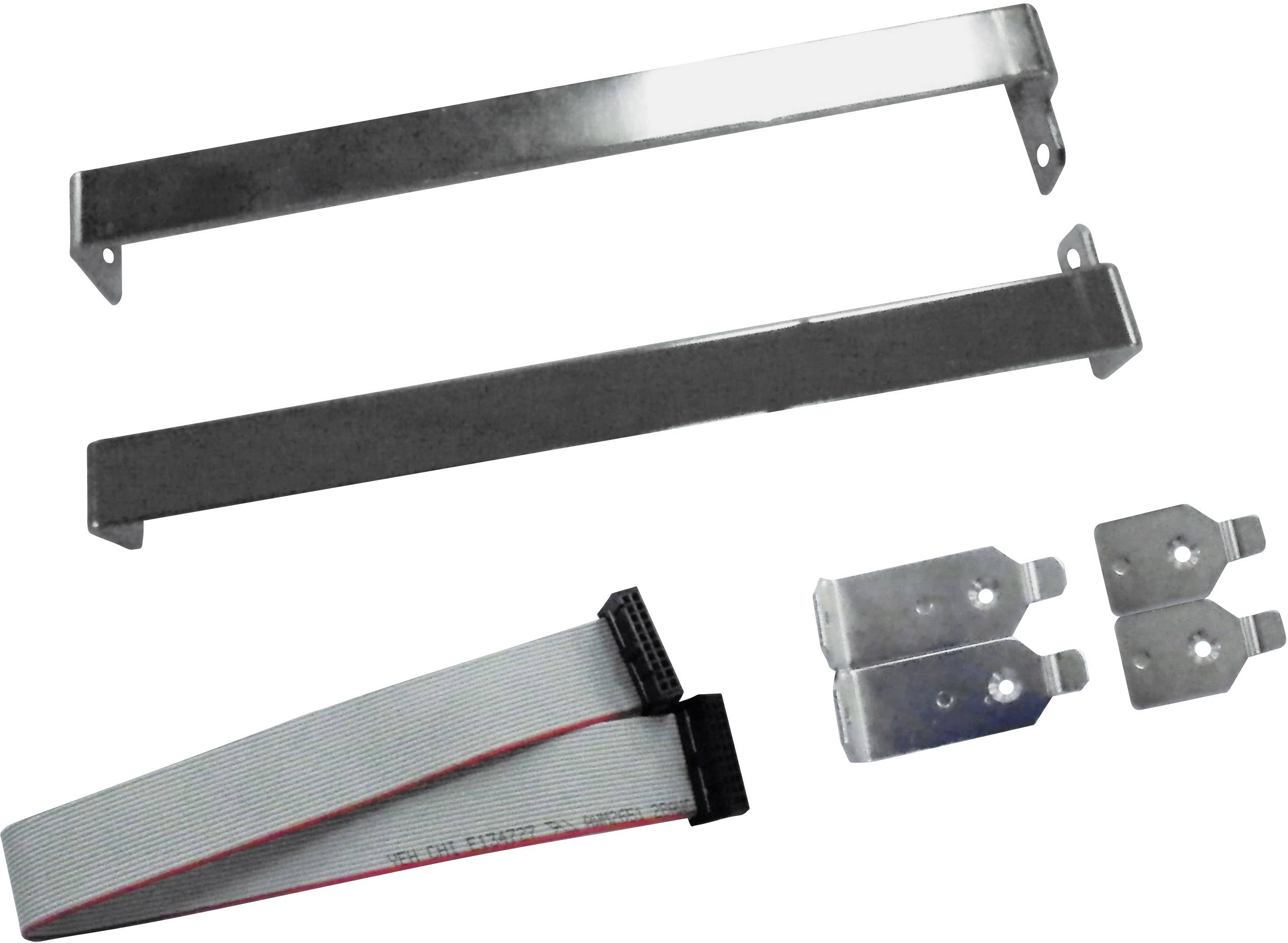 Supports métalliques et câbles en nappe sur fond blanc, probablement des pièces d'un kit d'ordinateur ou de composants électroniques.