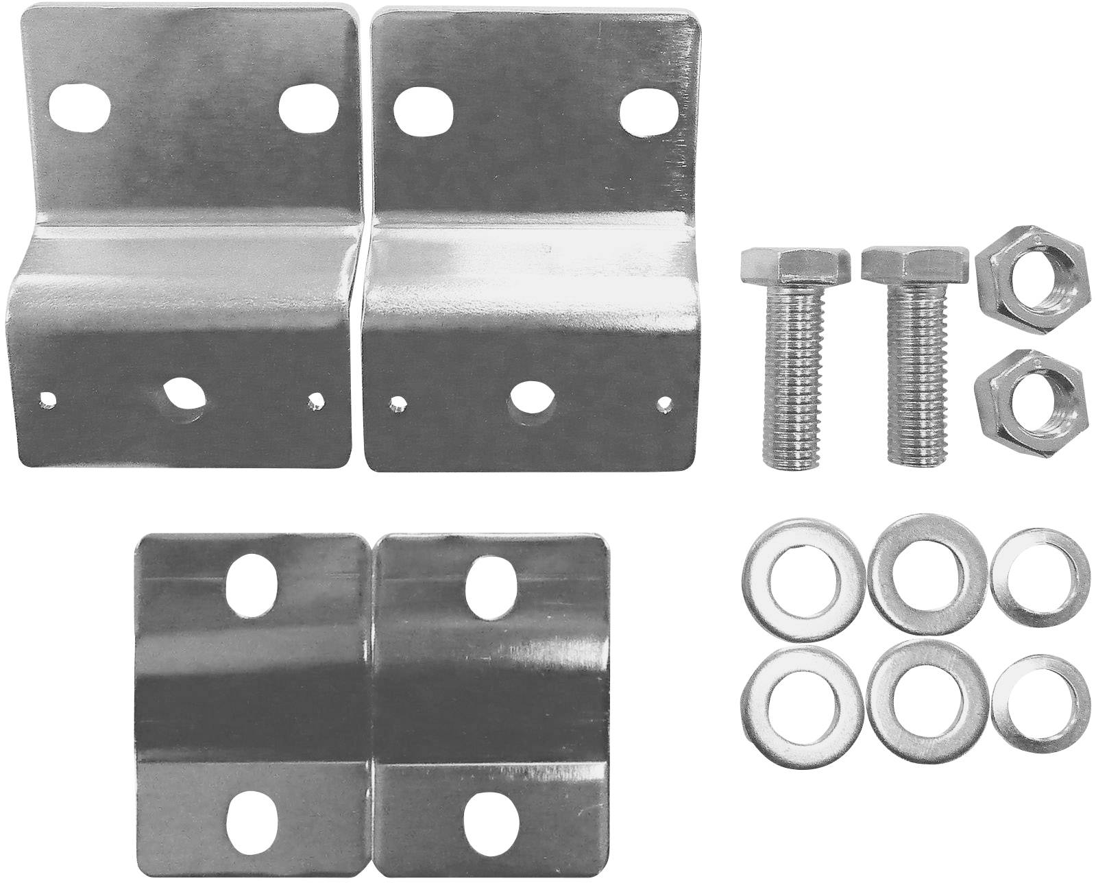 Deux équerres métalliques en L, deux vis, deux écrous et six rondelles. Kit de montage pour meubles ou systèmes d'étagères.