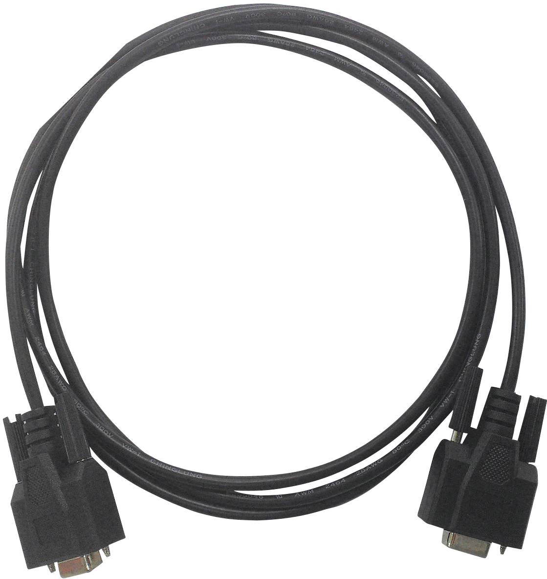 Câble VGA noir avec deux connecteurs, d'environ 1 mètre de long, permettant de relier un ordinateur à un écran.