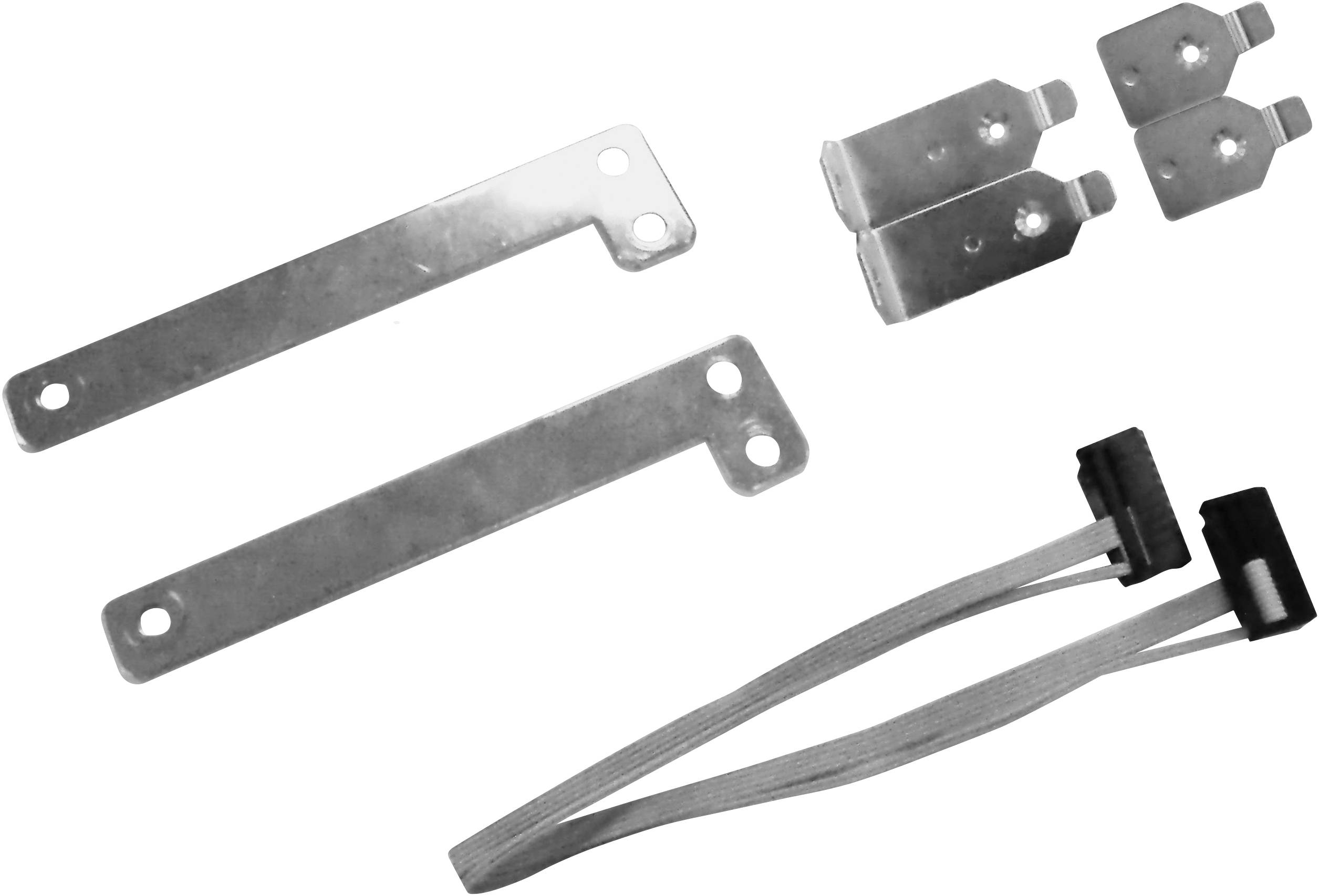 Supports d'angle métalliques et câbles de connexion, probablement des accessoires de montage pour des appareils électroniques.