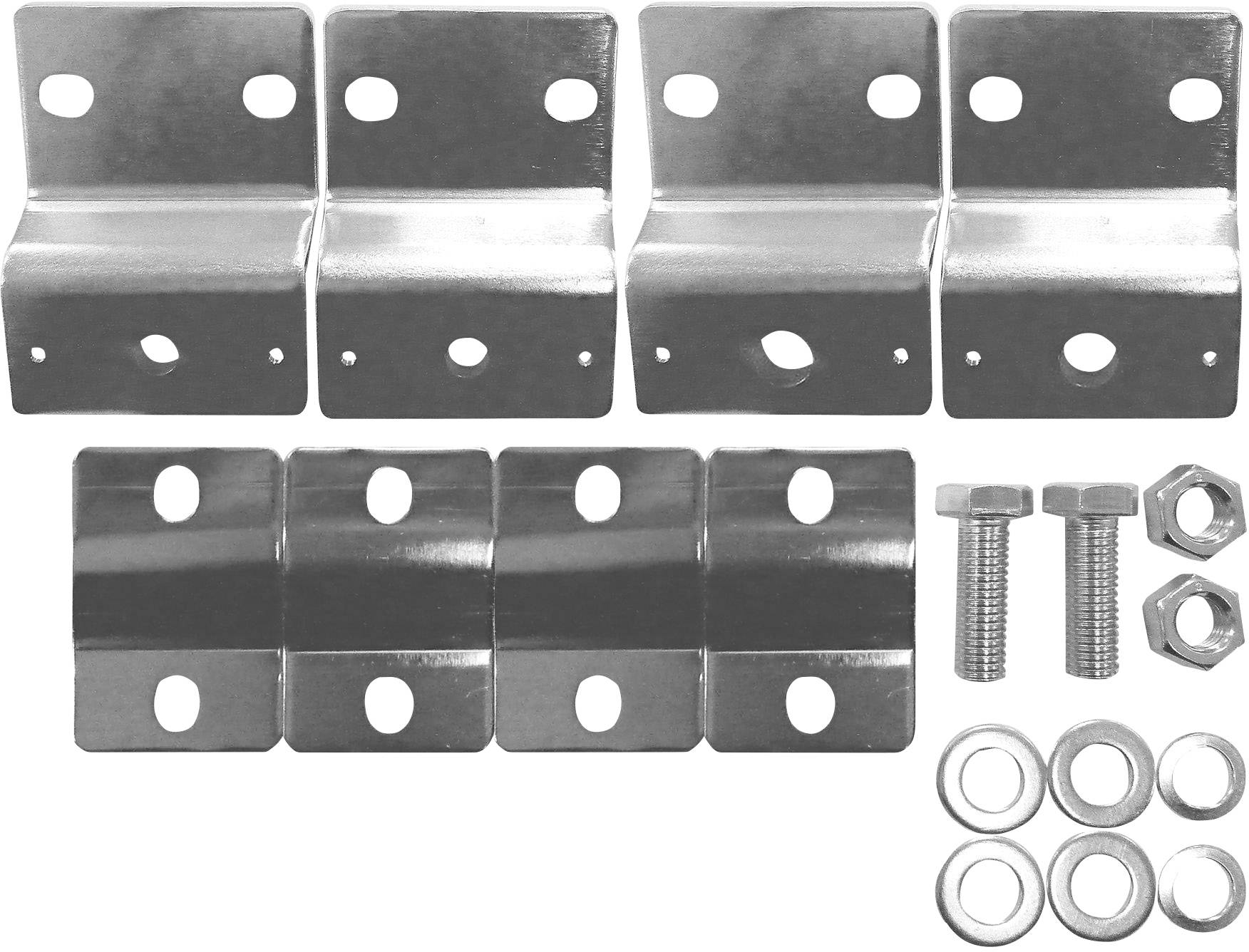 Kit d'angle métallique composé de quatre supports, deux vis, quatre écrous et quatre rondelles. Pour la fixation de composants.