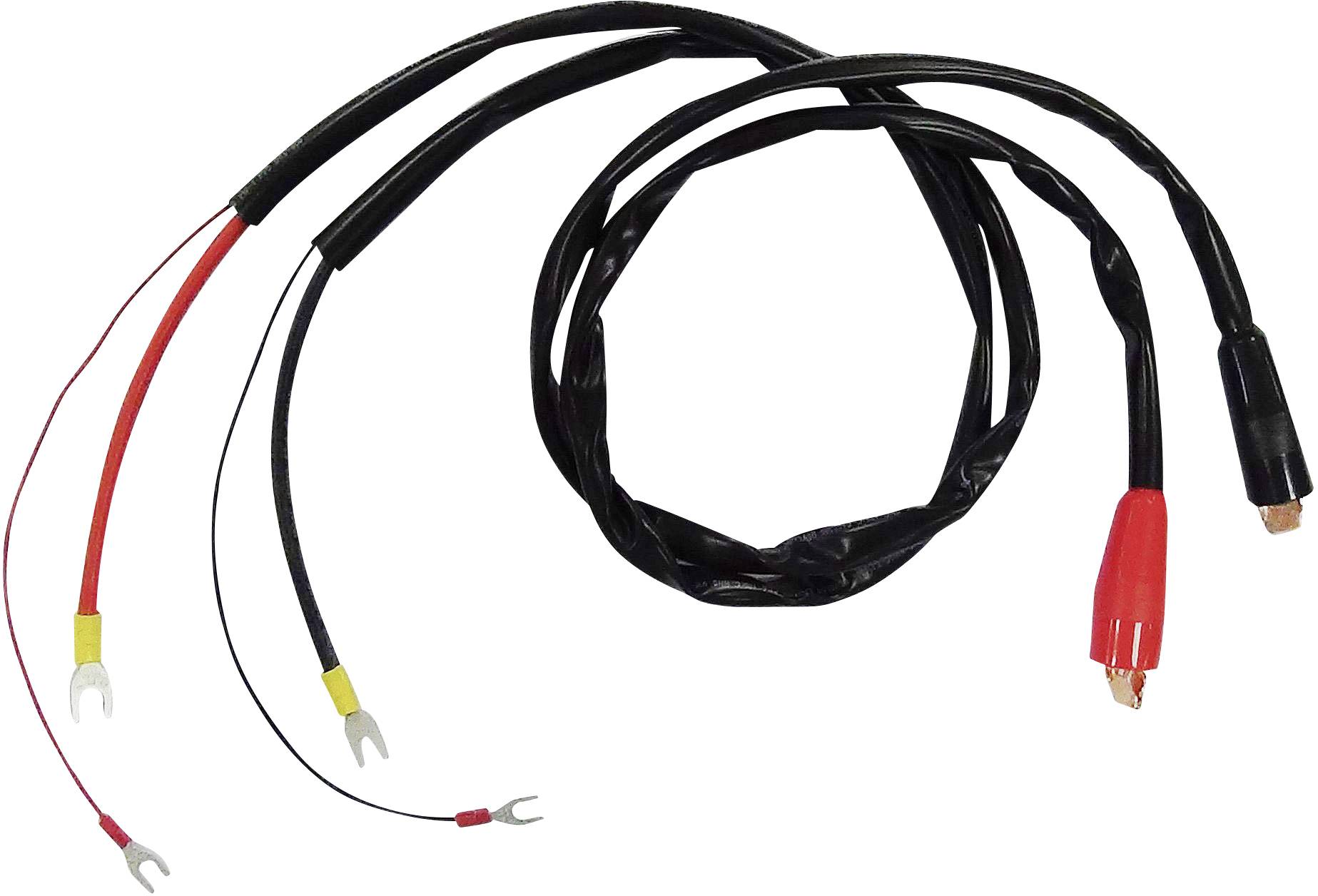 Deux câbles noirs avec des marquages rouge et jaune, munis de cosses à fourche à une extrémité, adaptés pour le câblage électrique.