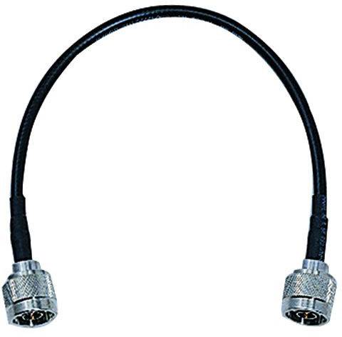 Câble coaxial noir avec des connecteurs argentés aux deux extrémités, typiquement utilisé pour les connexions électroniques.
