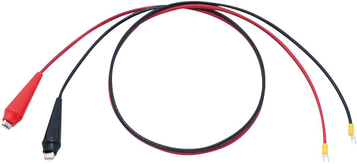 Deux câbles de test avec pinces crocodiles et fiches de connexion, rouge et noir, adaptés pour les tests et mesures électriques.