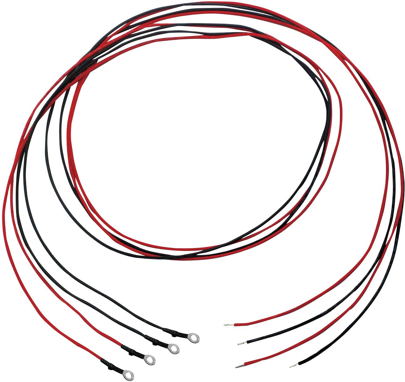Câbles électriques noirs et rouges avec cosses à œillet à une extrémité, adaptés aux connexions de batterie ou à des utilisations similaires.