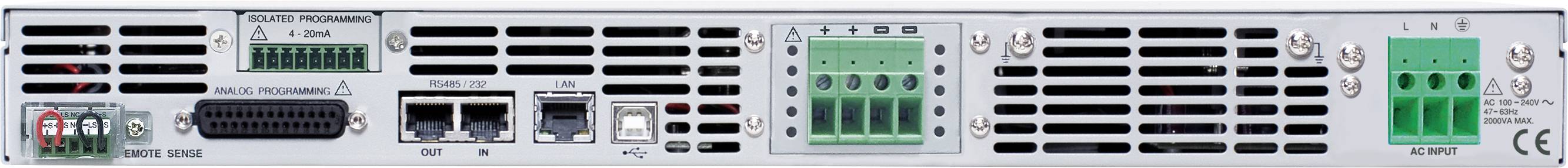 Dos d'un appareil électronique avec plusieurs connexions, des fentes de ventilation et une prise d'alimentation. Les emplacements sont numérotés.