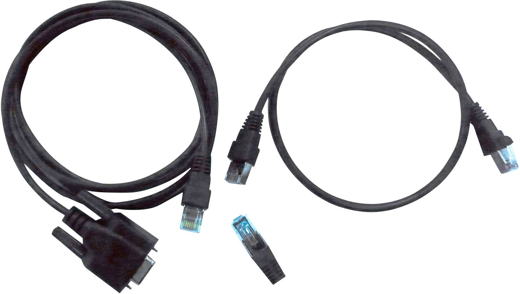 Deux câbles réseau noirs avec connecteurs RJ-45, l'un enroulé plus longuement, l'autre plus court. Un morceau séparé d'un connecteur bleu.