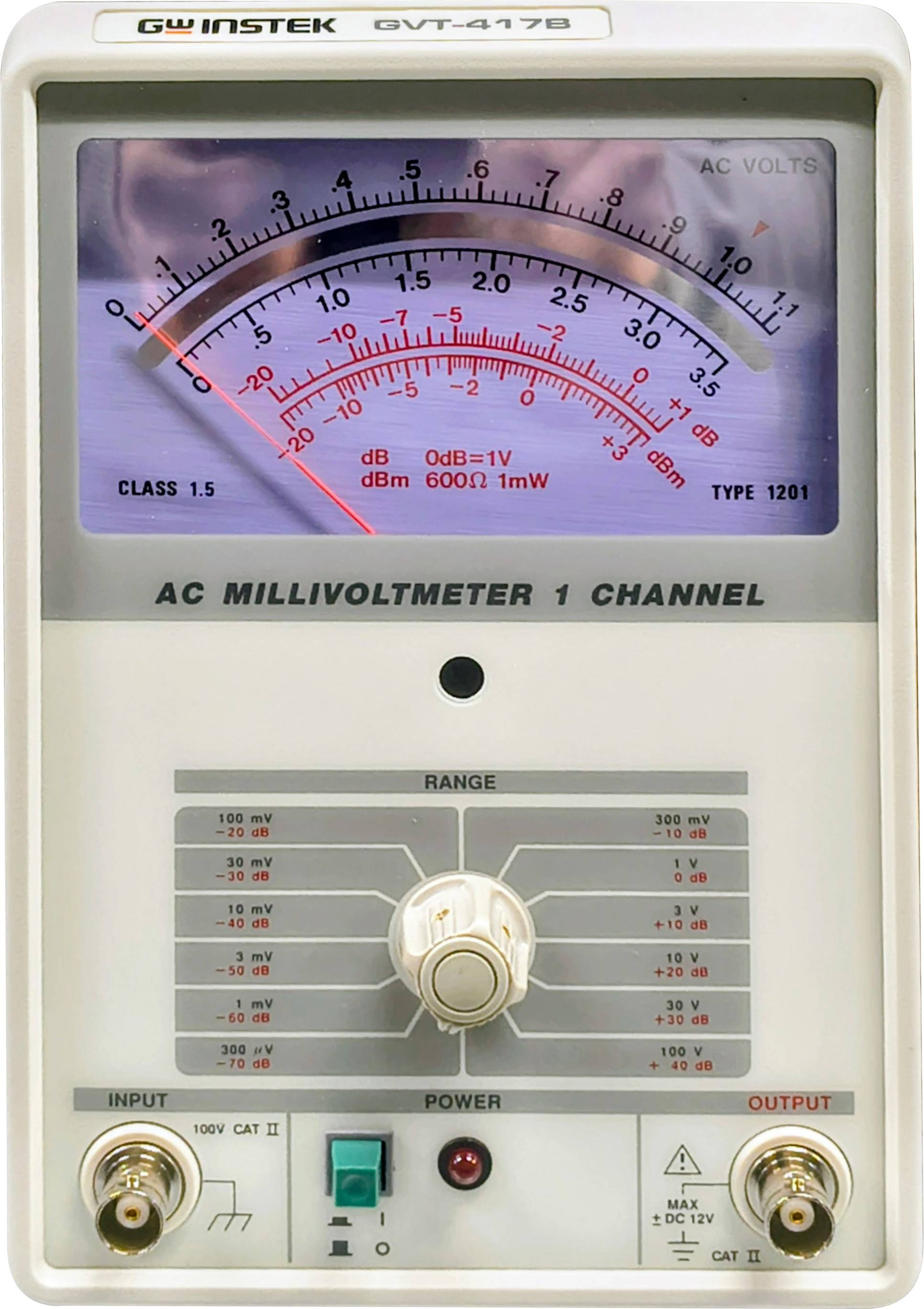 AC-Millivoltmeter mit Spannungsmessung im Bereich von -60 bis 0 dB, Einkanalgerät, mit dB- und Spannungsskala.