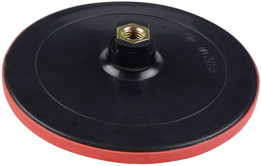 Un plateau de ponçage rond avec un bord en caoutchouc rouge et une surface en plastique noir. Un filetage métallique au centre pour la fixation.