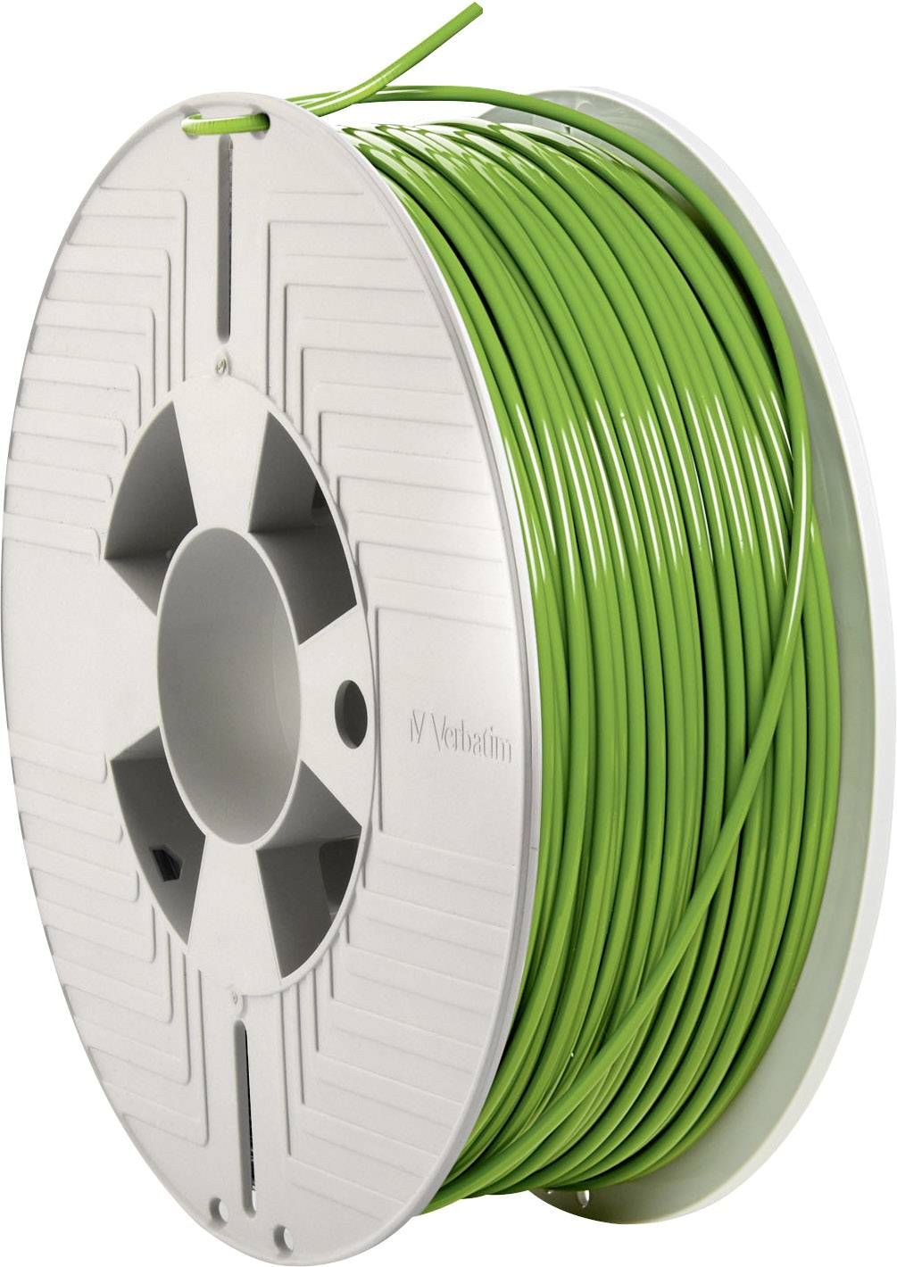 Rouleau de filament en plastique vert pour imprimante 3D, pris de côté, sur fond blanc.